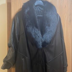 Leather coat with fur collar